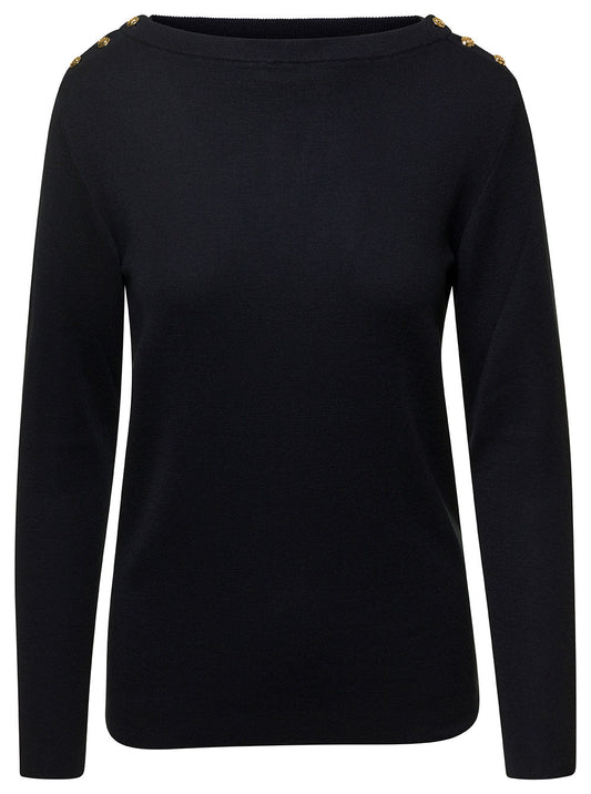 Gucci Black Cashmere Boat Neck Sweater with Gold Button Detail