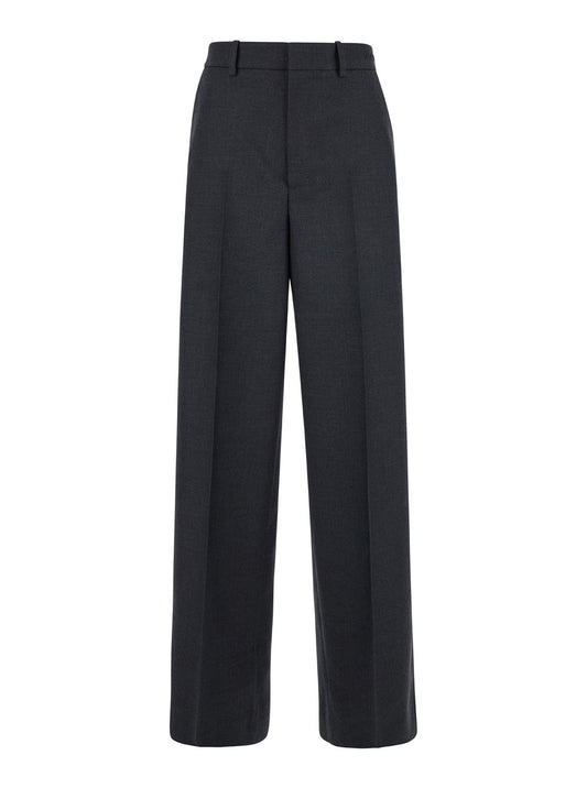 Gucci Grey Wool Wide-Leg Trousers with Logo Waist Detail