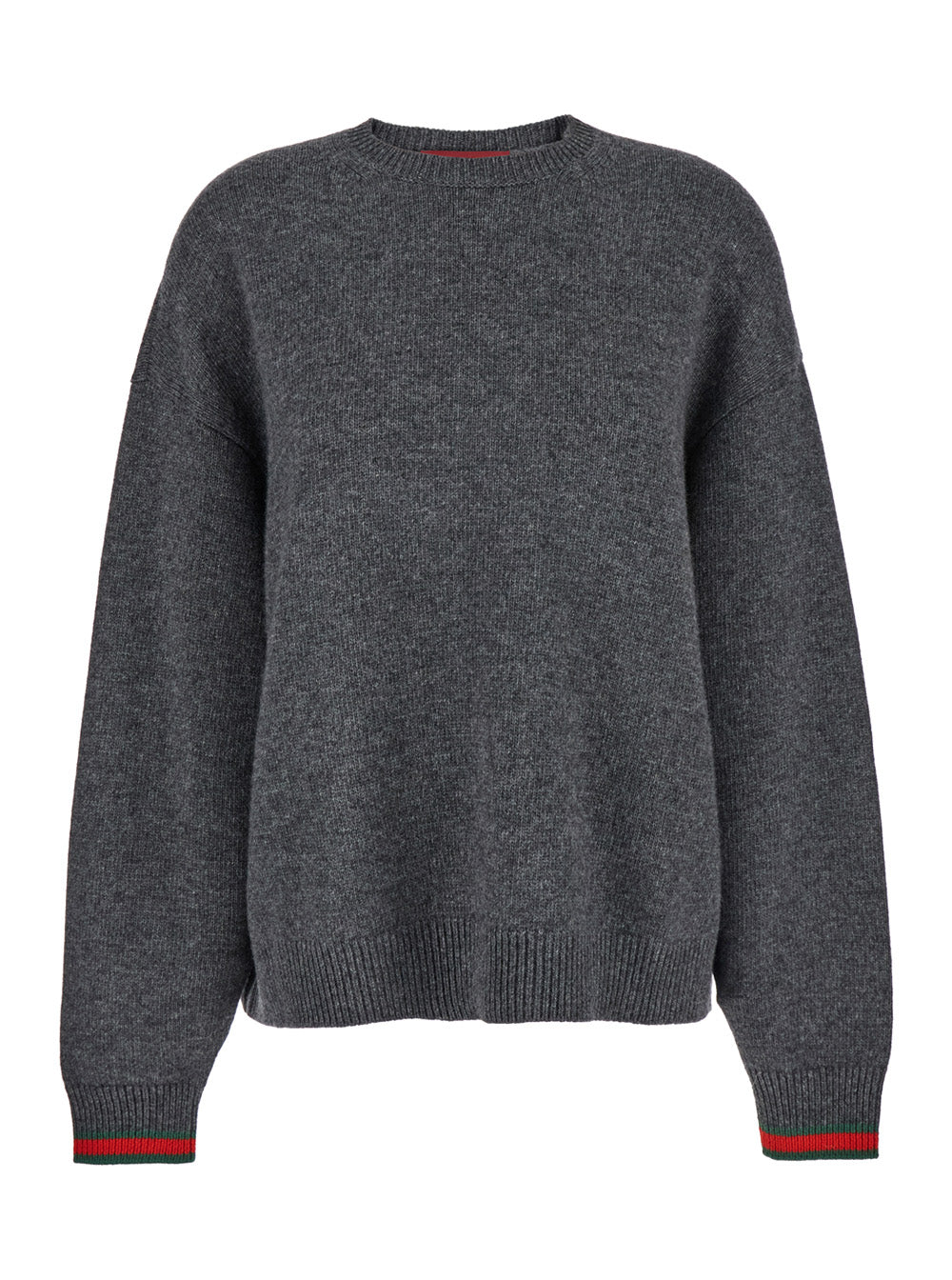 Gucci Grey Wool & Cashmere Crewneck Sweater with Web Cuff Detail