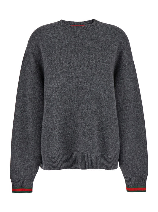 Gucci Grey Wool & Cashmere Crewneck Sweater with Web Cuff Detail