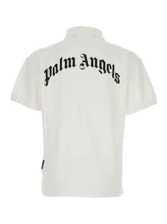 Palm Angels Men White Polo Shirt With Logo Lettering On Front And Rear In Cotton Piquet Man