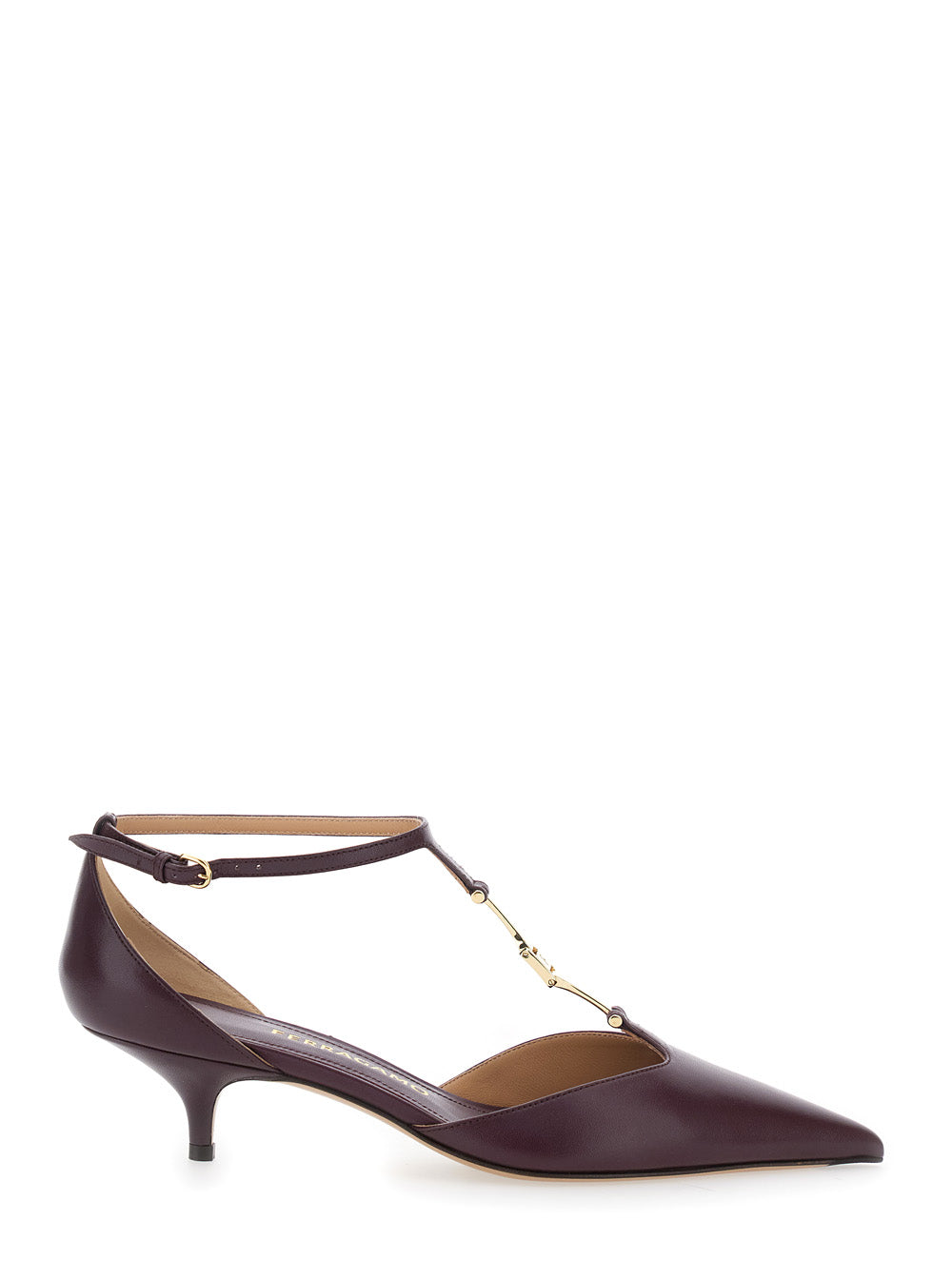 Ferragamo Bordeaux Leather T-Strap Pumps