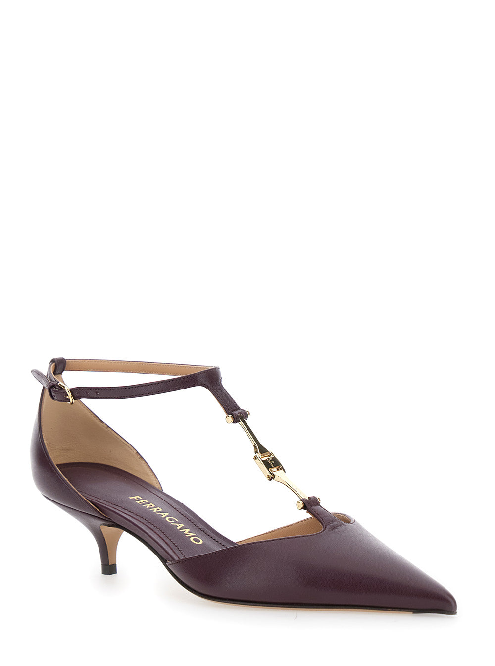 Ferragamo Bordeaux Leather T-Strap Pumps