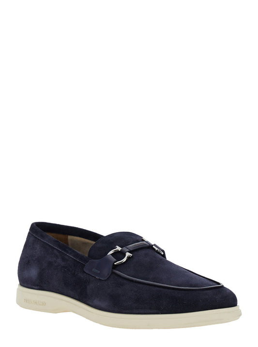 Ferragamo Men 'Cosimo' Blue Loafers With Metallic Hooks On The Front In Suede Man