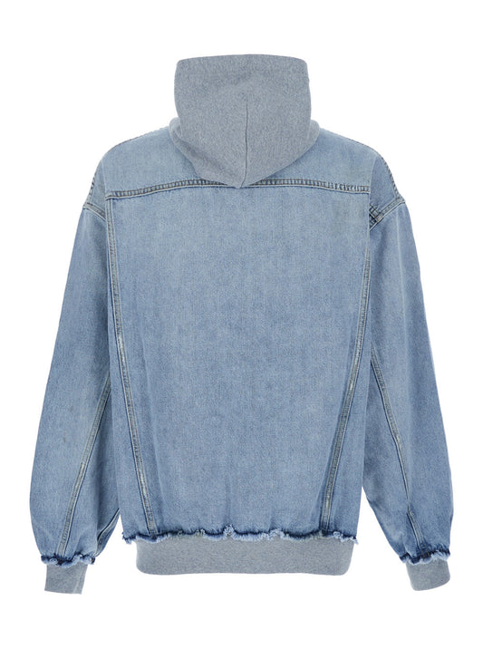 Balenciaga Men Light Blue Jacket With Fixed Hood And Maxi Logo Lettering On The Sleeve In Denim Man