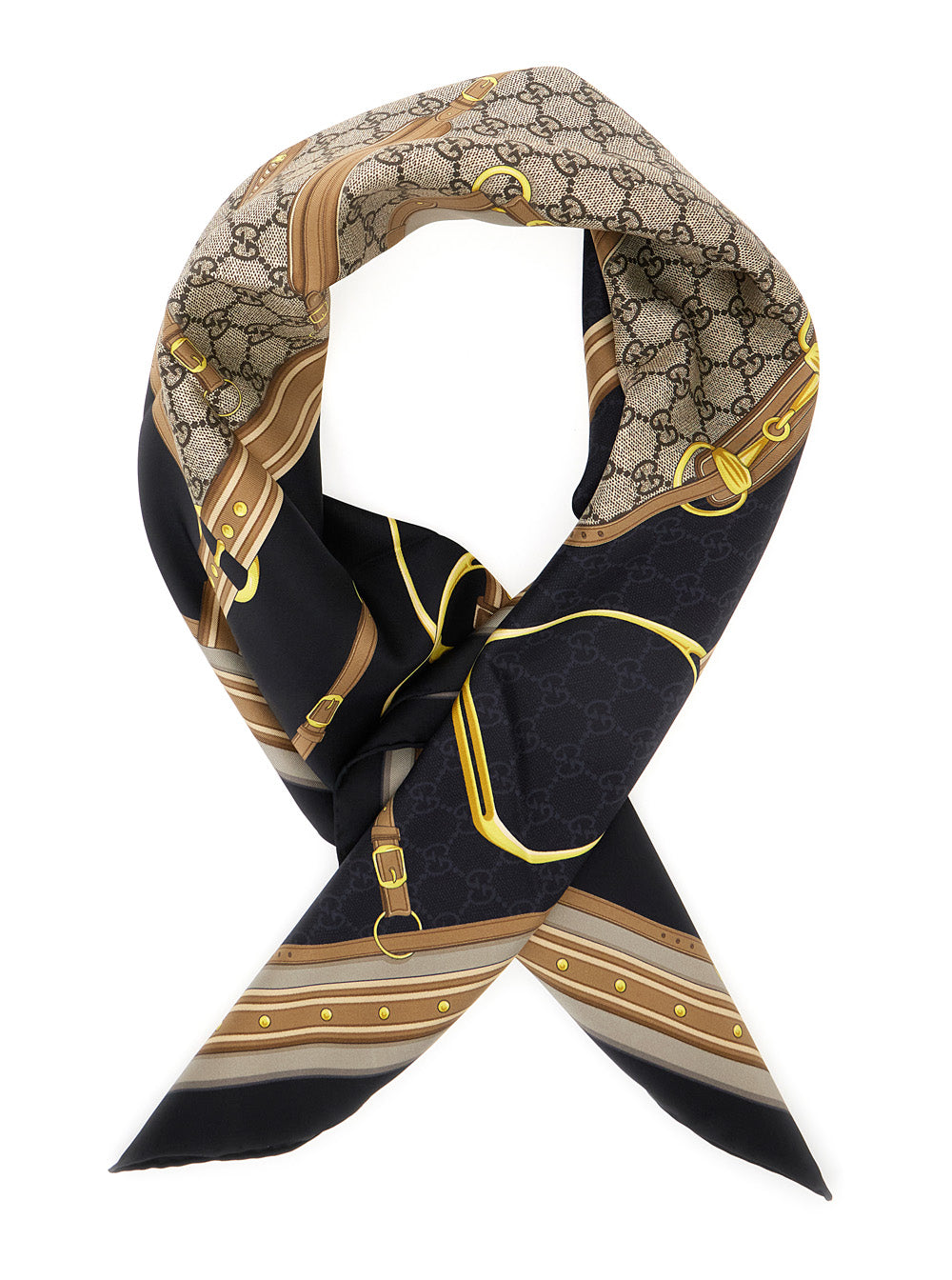 Gucci Multicolor Silk Scarf with Horsebit & GG Print