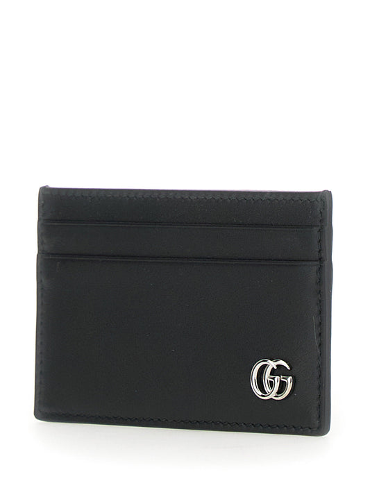 Gucci Men Card Holder With Gg Plate On The Front In Black Leather For Men