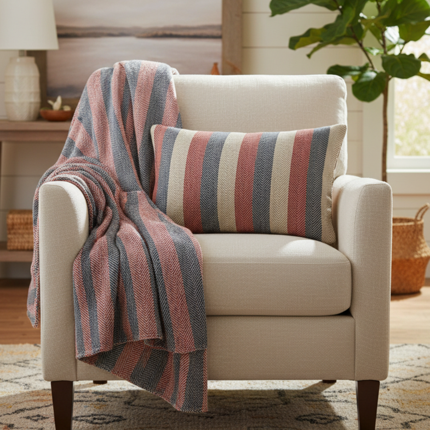 Americana Cabana Stripe Lumbar Pillow — A tailored accent pillow featuring vintage-inspired cabana stripes in weathered Americana tones.