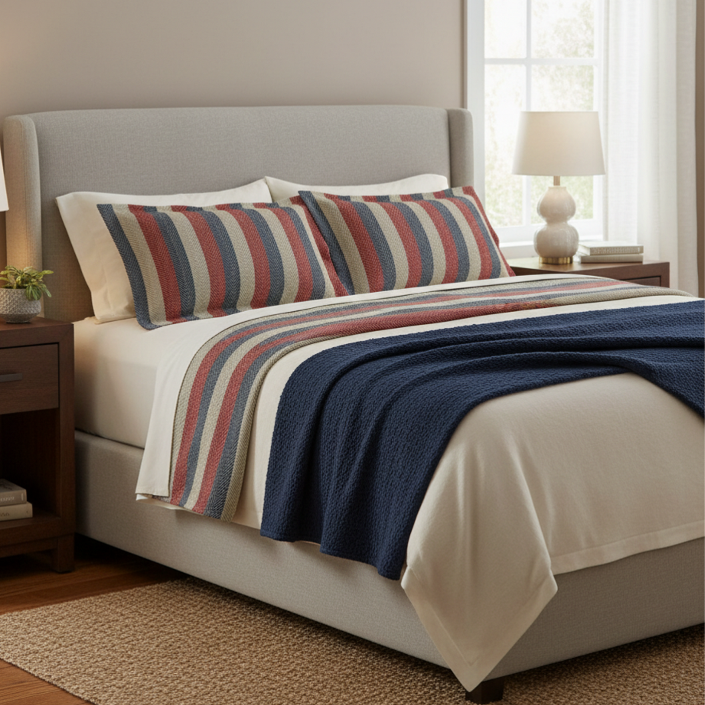 Americana Cabana Stripe Standard Pillow Shams — Soft heritage stripes inspired by salt air summers, coastal cottages, and timeless American interiors.