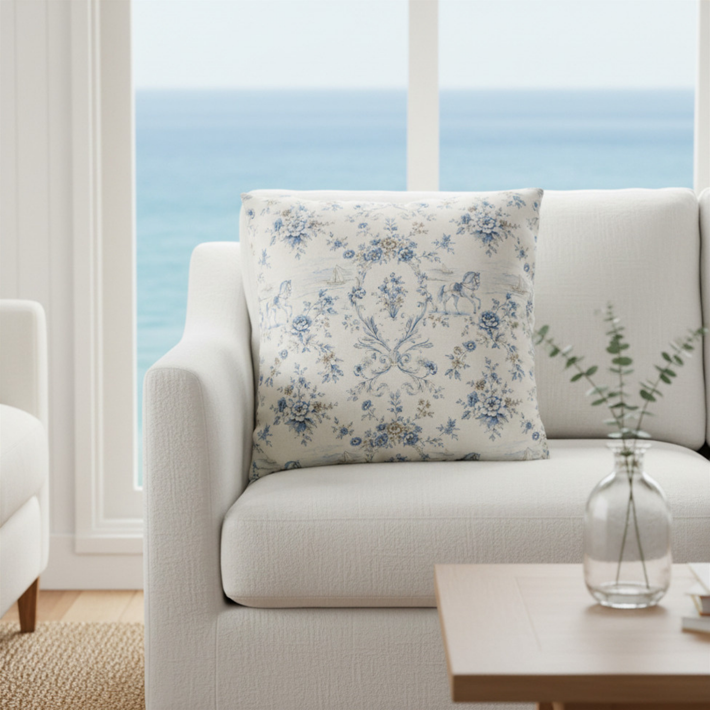Blue & Ivory Coastal Equestrian Toile Trellis Pillow Cover