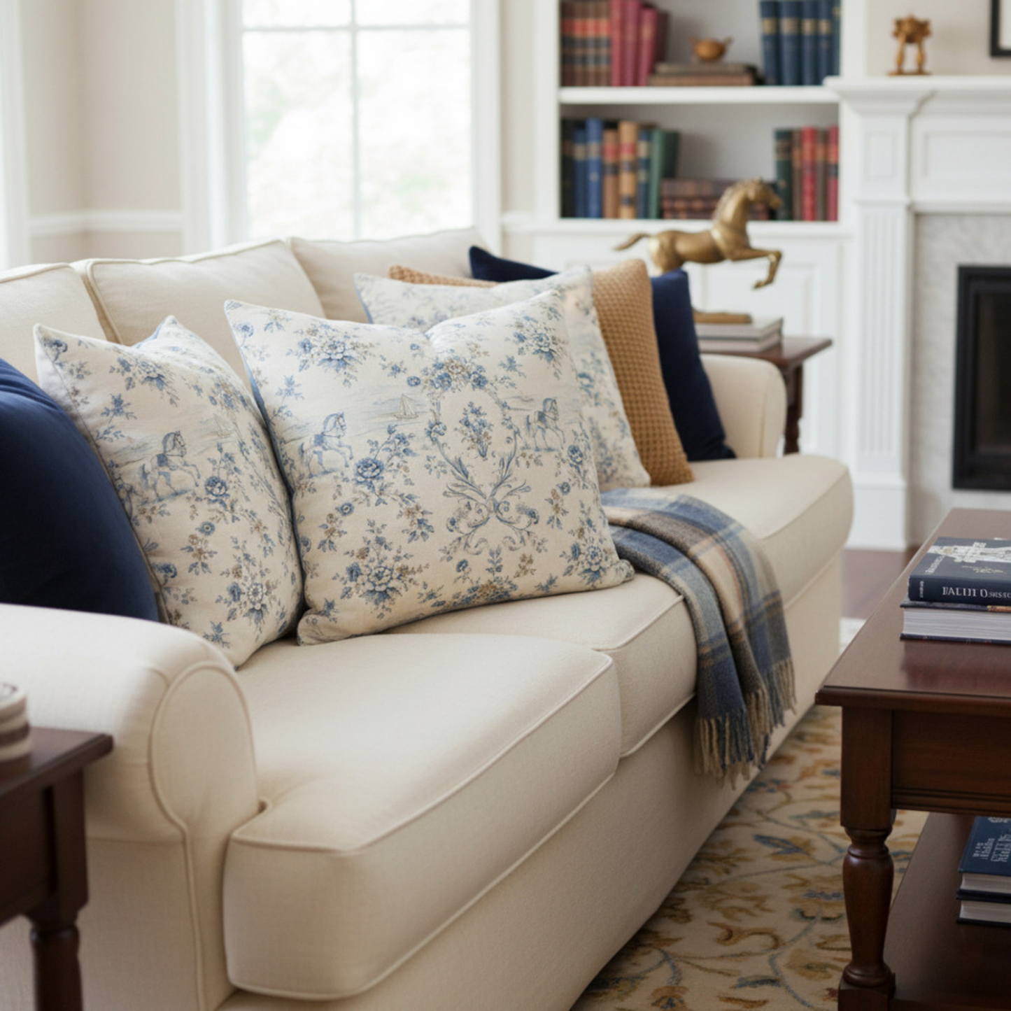 Blue & Ivory Coastal Equestrian Toile Trellis Pillow Cover