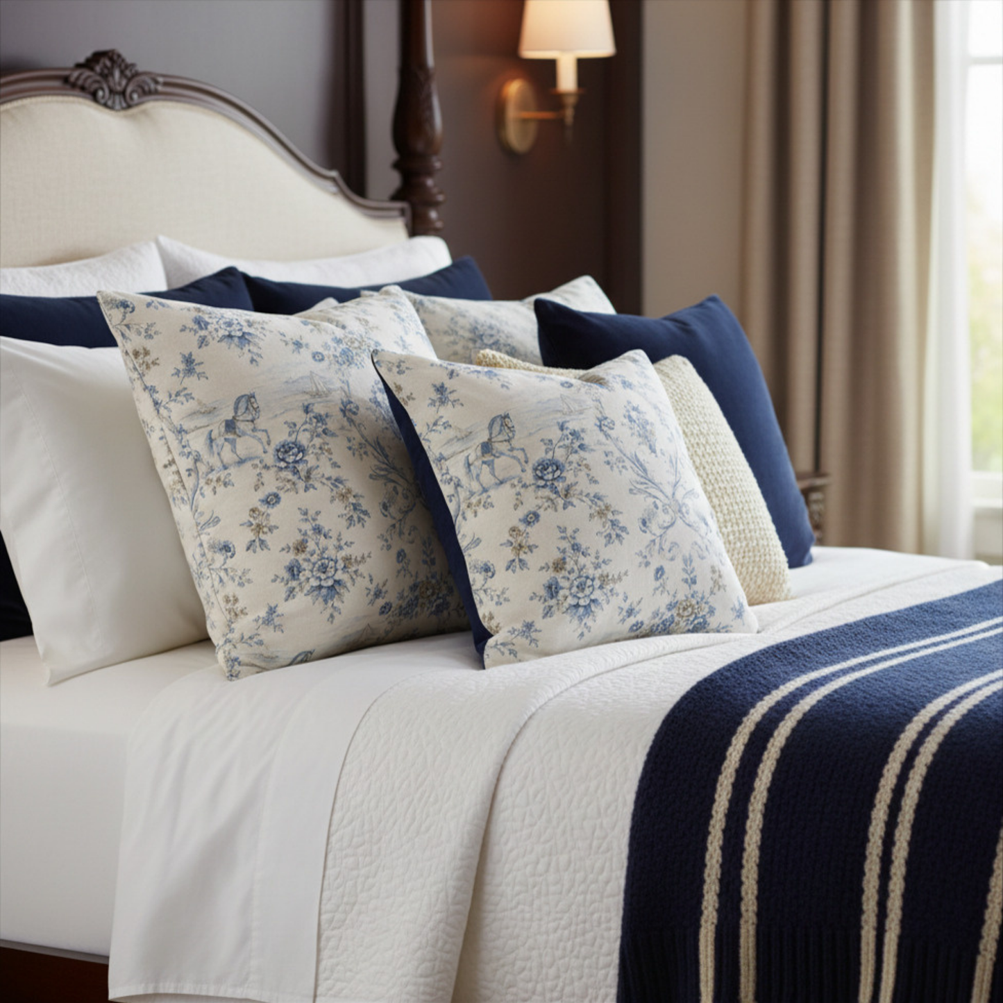 Blue & Ivory Coastal Equestrian Toile Trellis Pillow Cover