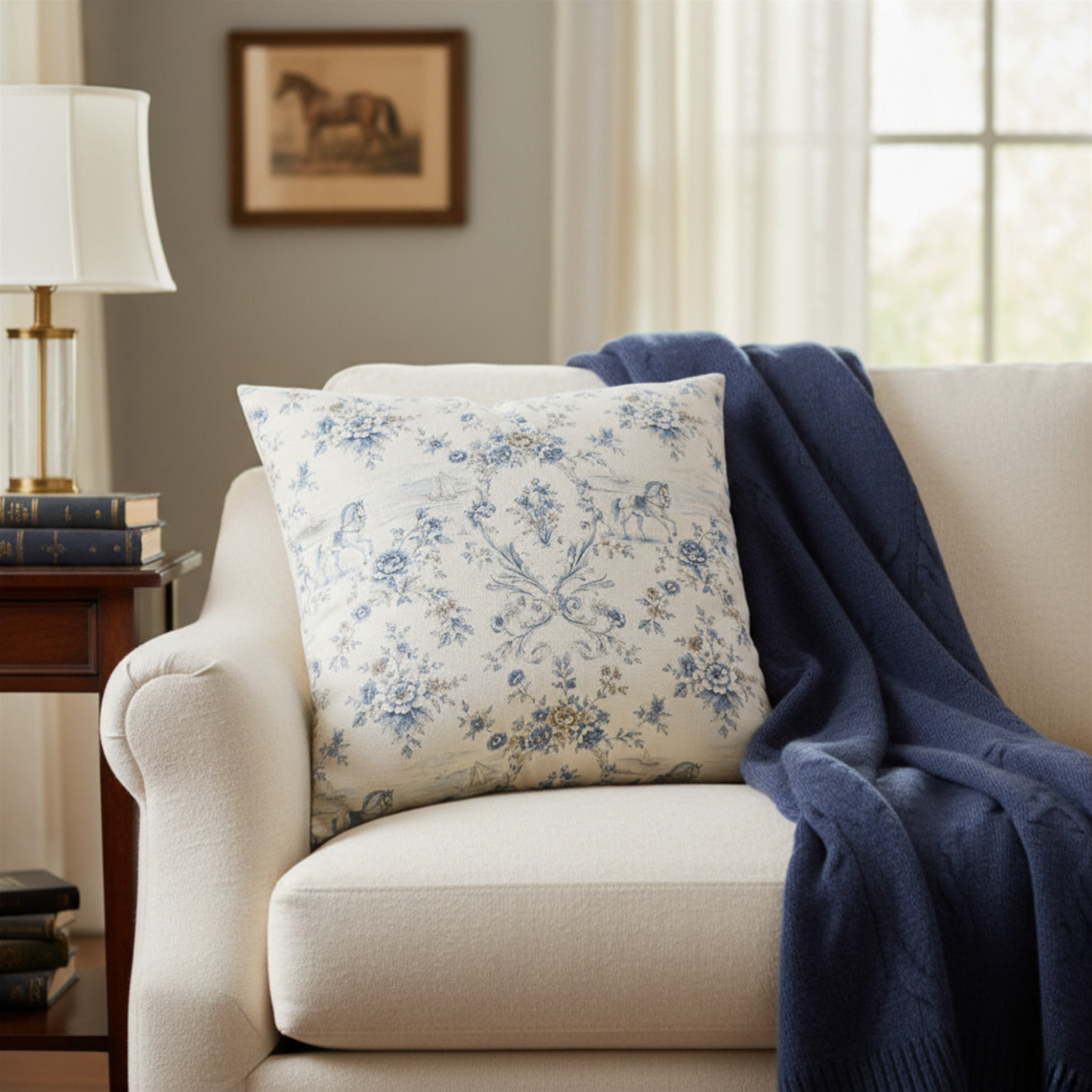 Blue & Ivory Coastal Equestrian Toile Trellis Pillow Cover