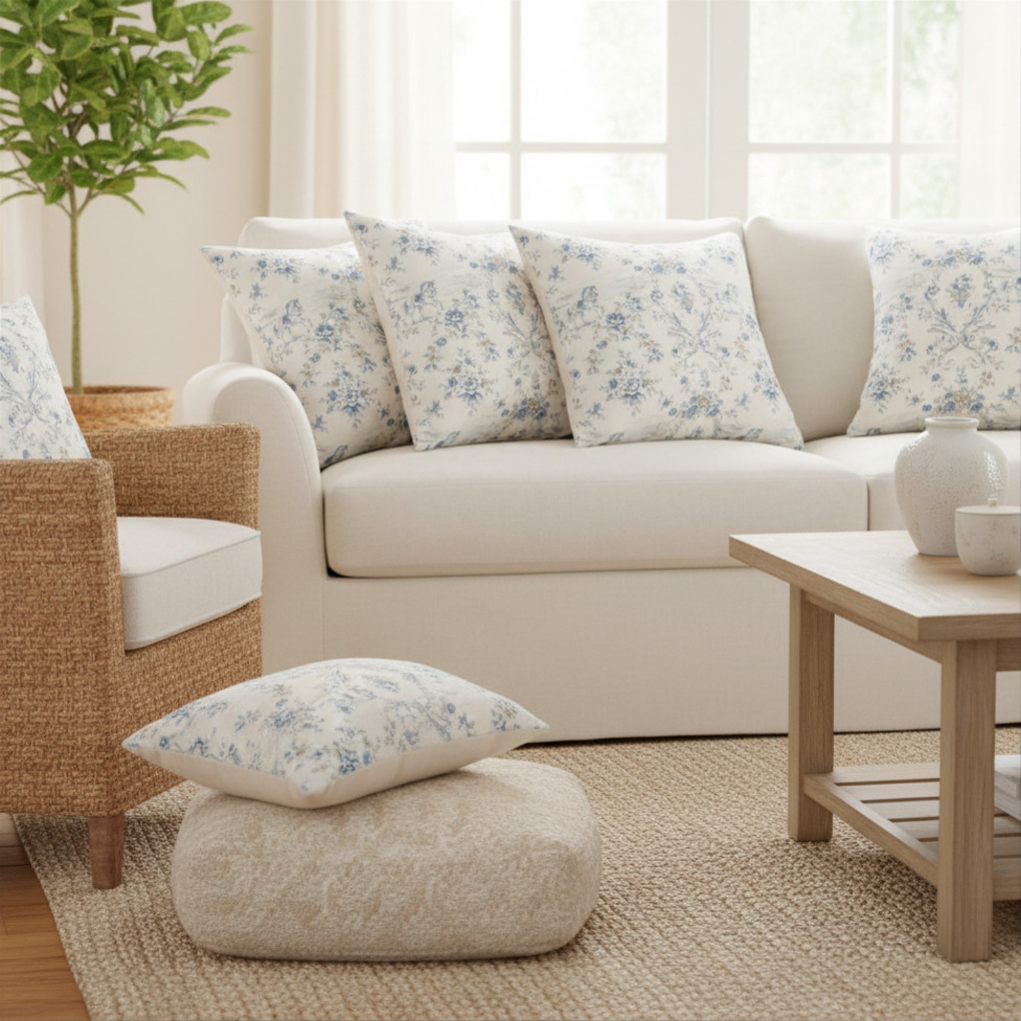 Blue & Ivory Coastal Equestrian Toile Trellis Pillow Cover