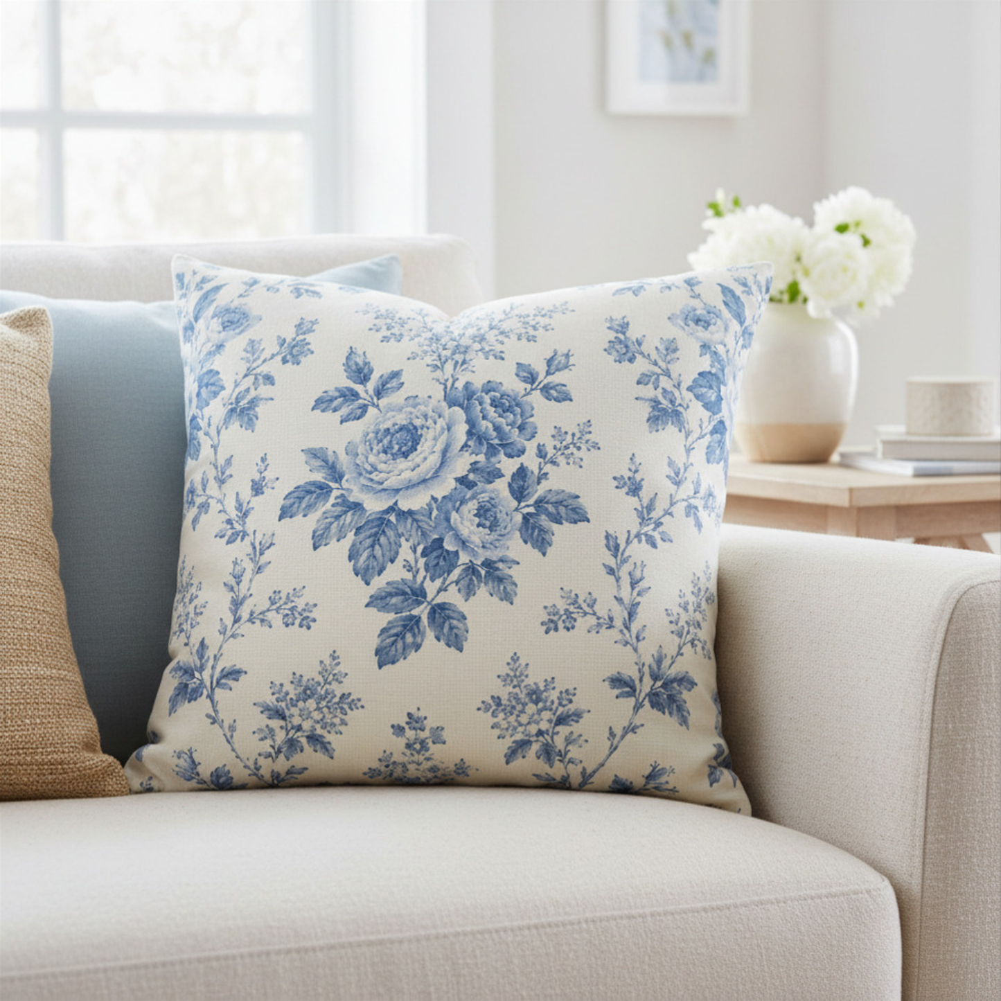 Heirloom Garden Blue Rose Throw Pillow Cover
