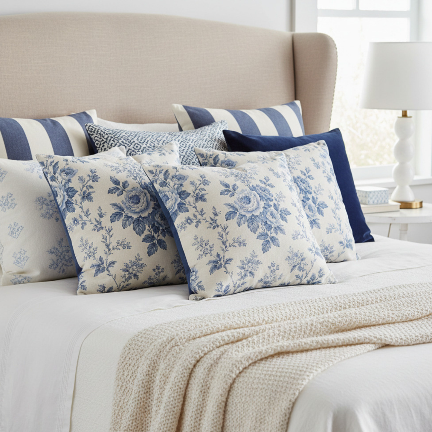 Heirloom Garden Blue Rose Throw Pillow Cover