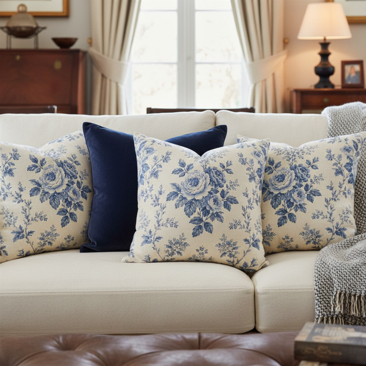 Heirloom Garden Blue Rose Throw Pillow Cover