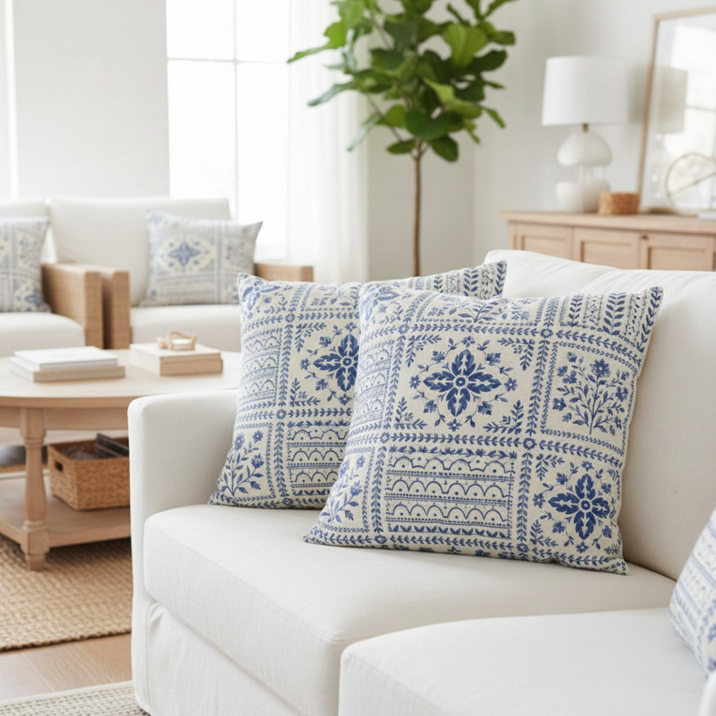 Nantucket Blue Block Print Pillow Cover