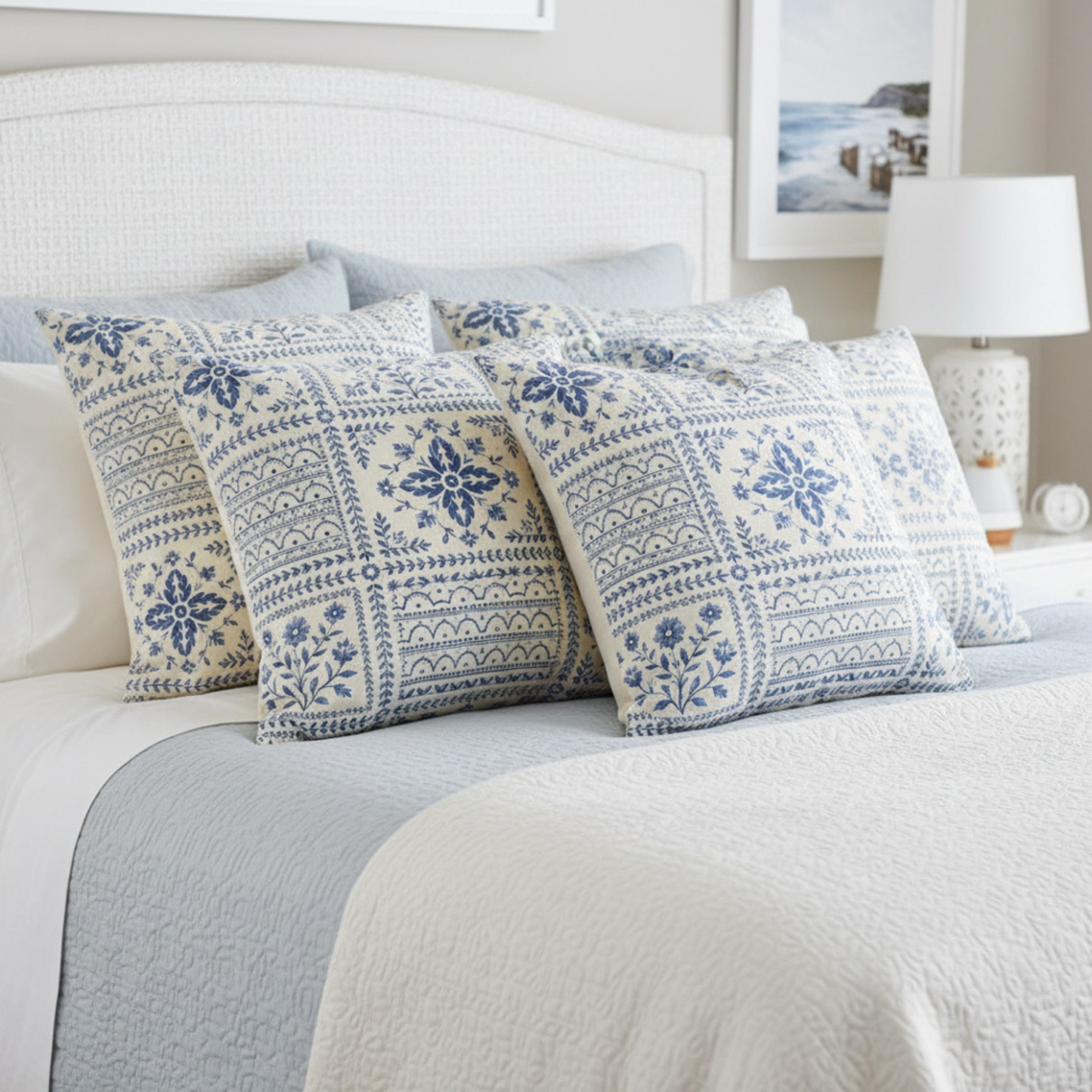 Nantucket Blue Block Print Pillow Cover