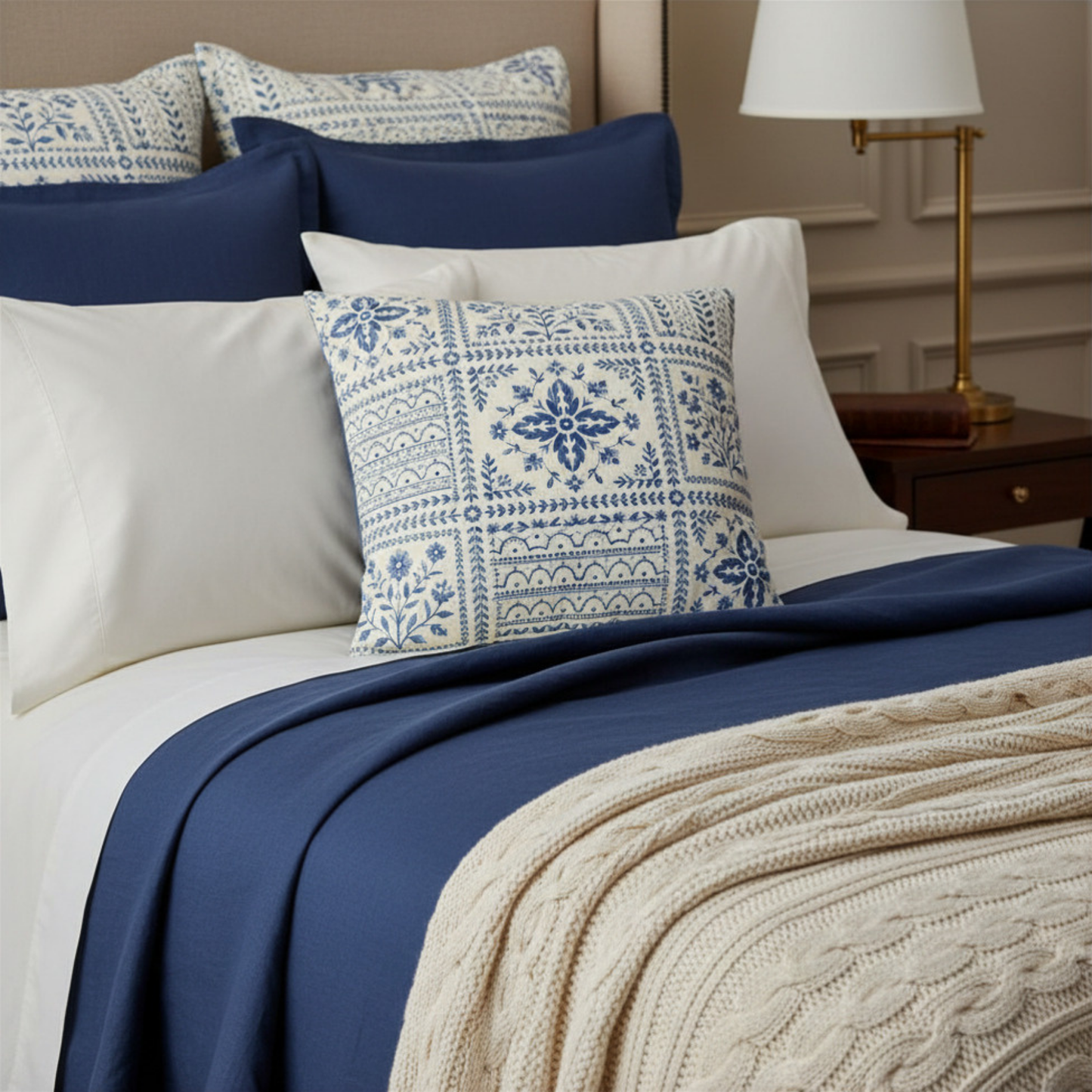 Nantucket Blue Block Print Pillow Cover
