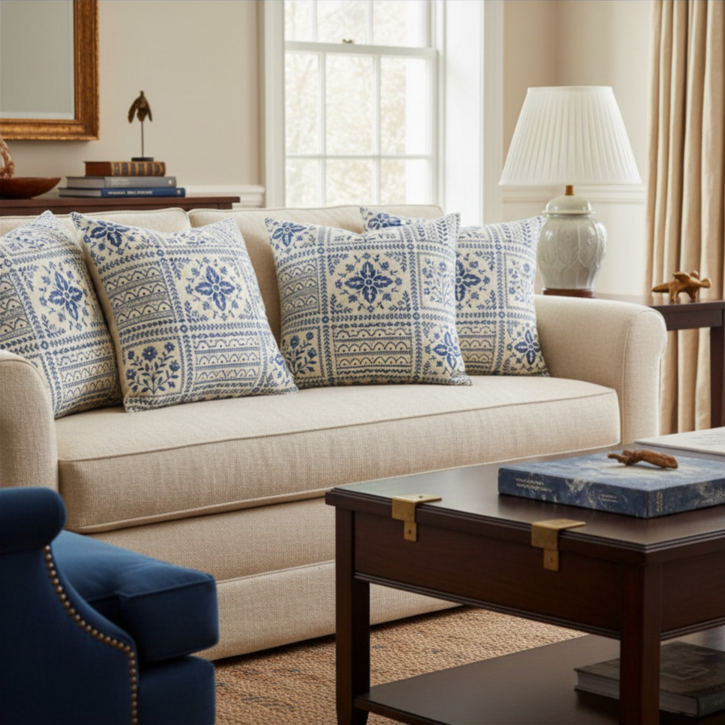 Nantucket Blue Block Print Pillow Cover