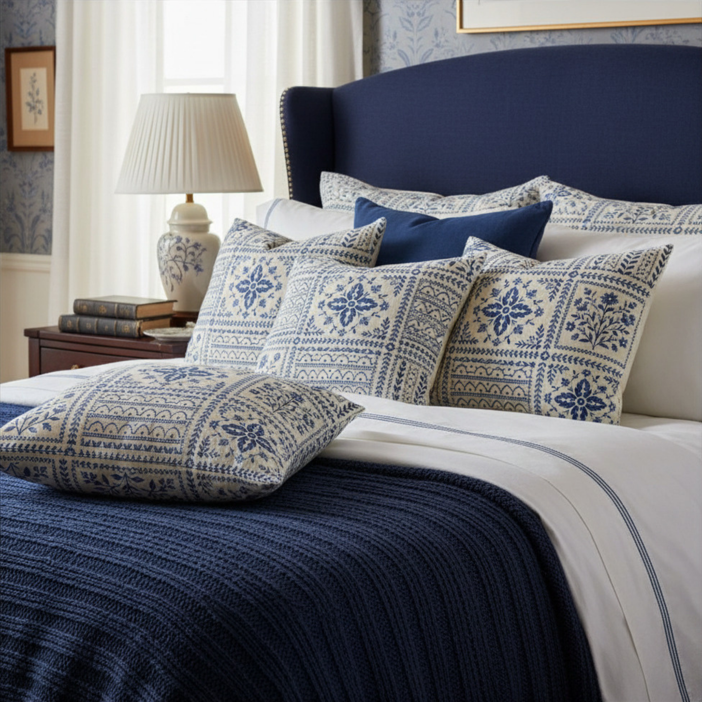 Nantucket Blue Block Print Pillow Cover