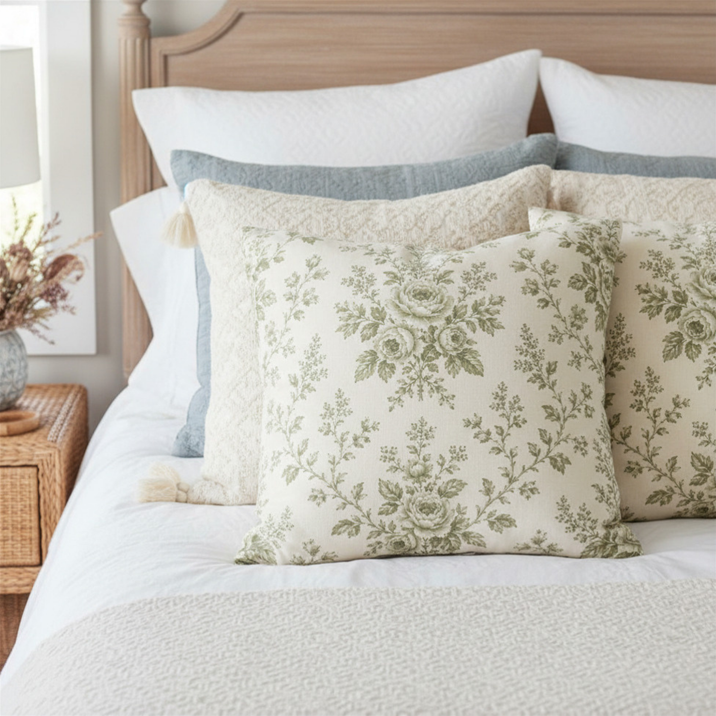 Heirloom Garden Sage Rose Throw Pillow Cover