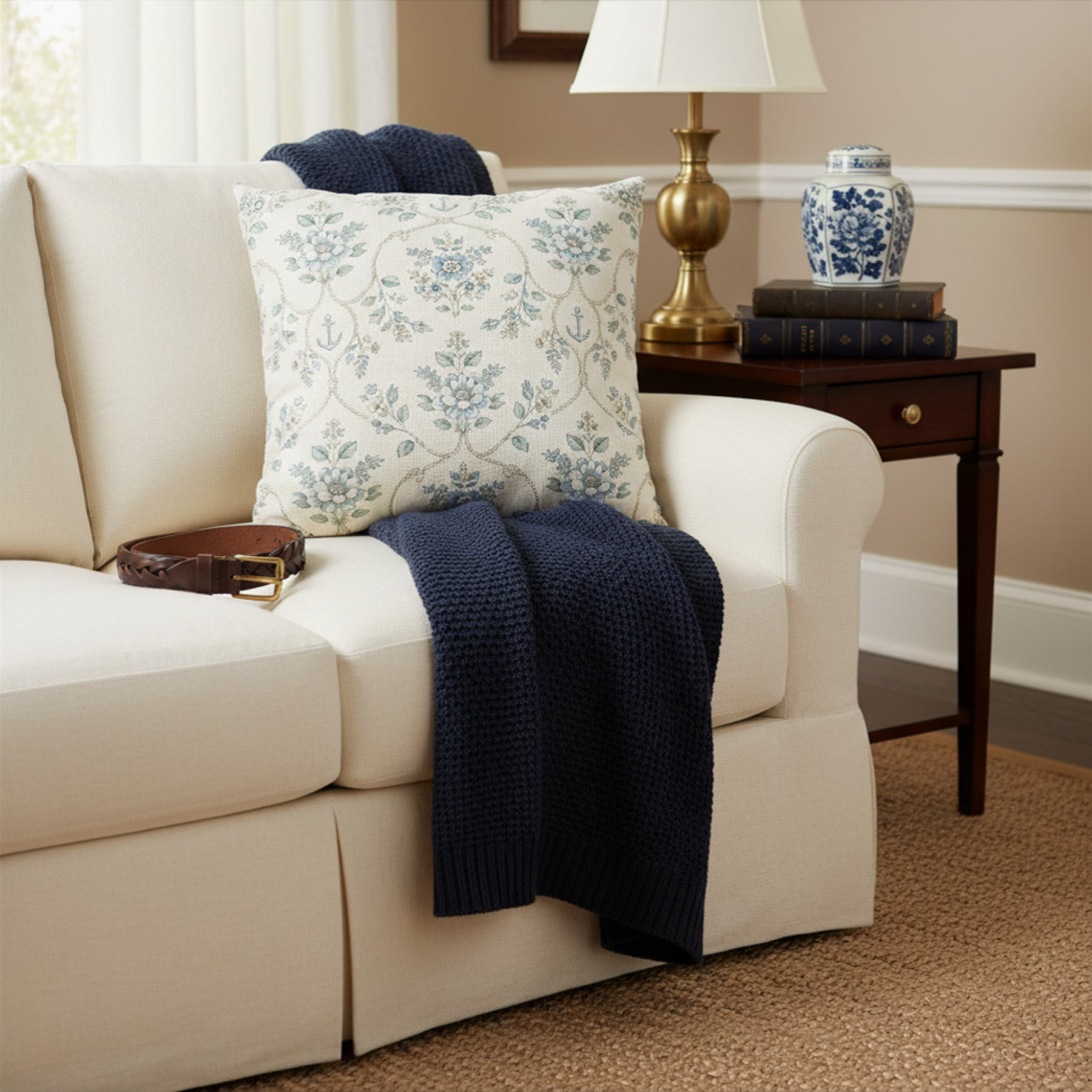 Coastal Equestrian Blue Toile Throw Pillow Cover