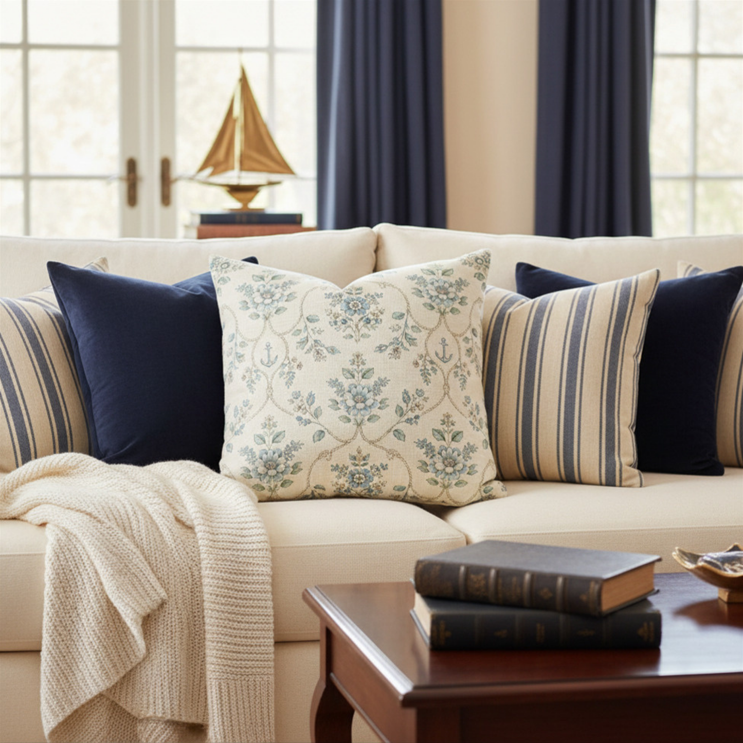 Coastal Equestrian Blue Toile Throw Pillow Cover