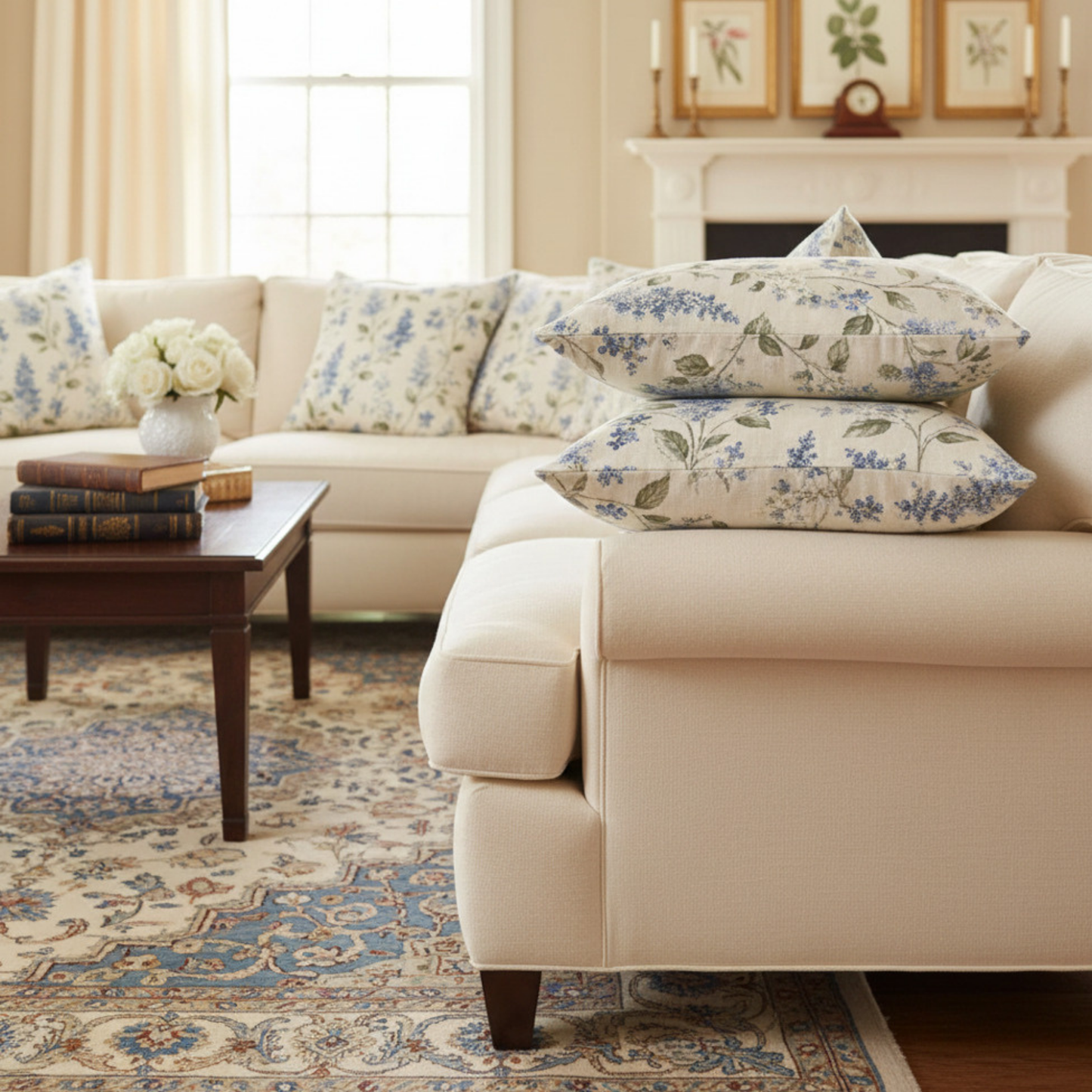 Hamptons Blue & Sage Botanical Pillow Cover