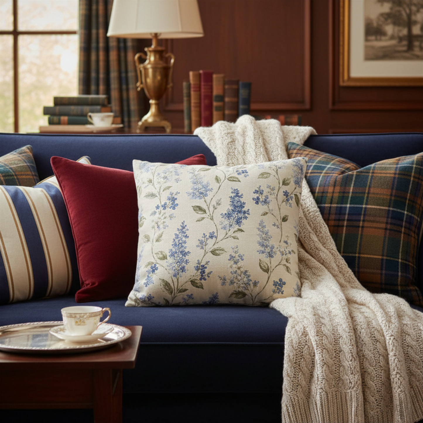 Hamptons Blue & Sage Botanical Pillow Cover