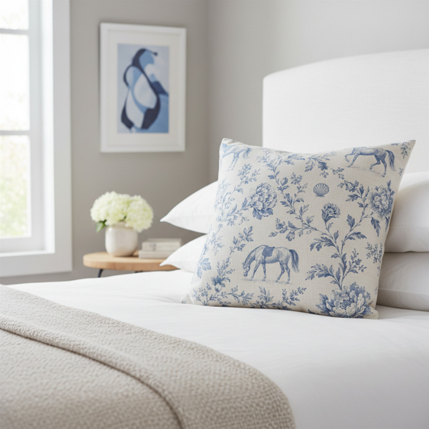 Coastal Manor Blue Toile Equestrian Pillow Cover