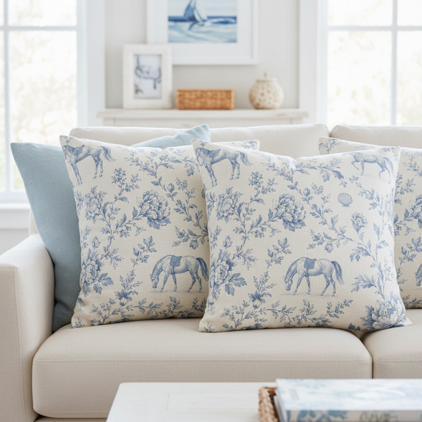 Coastal Manor Blue Toile Equestrian Pillow Cover