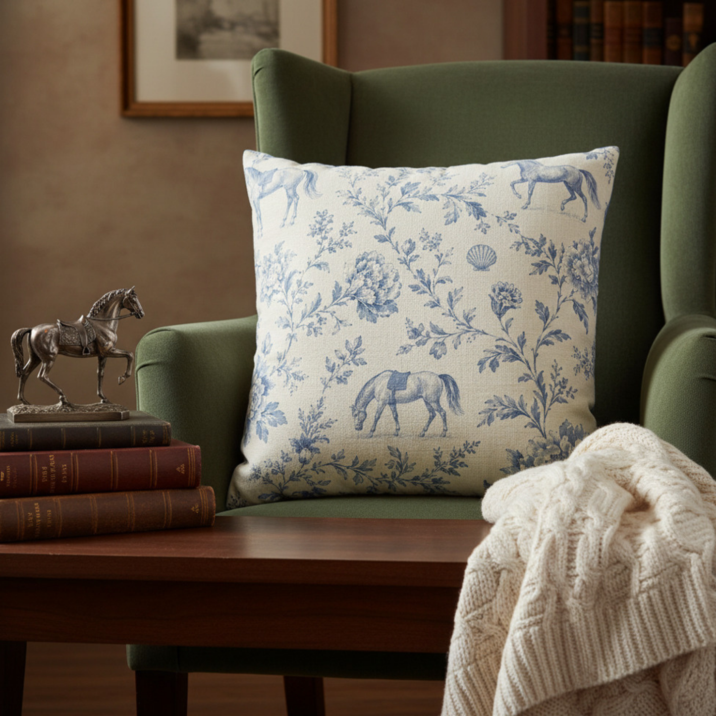 Coastal Manor Blue Toile Equestrian Pillow Cover