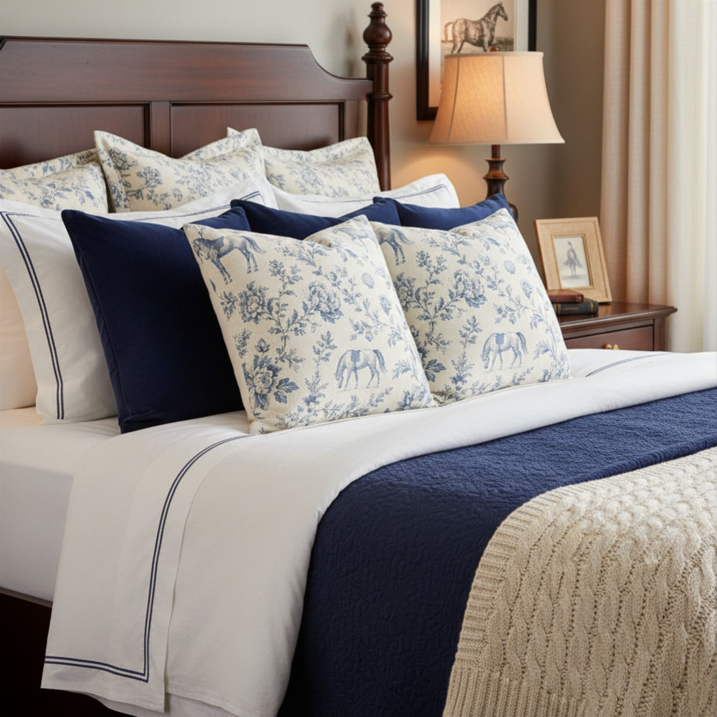 Coastal Manor Blue Toile Equestrian Pillow Cover