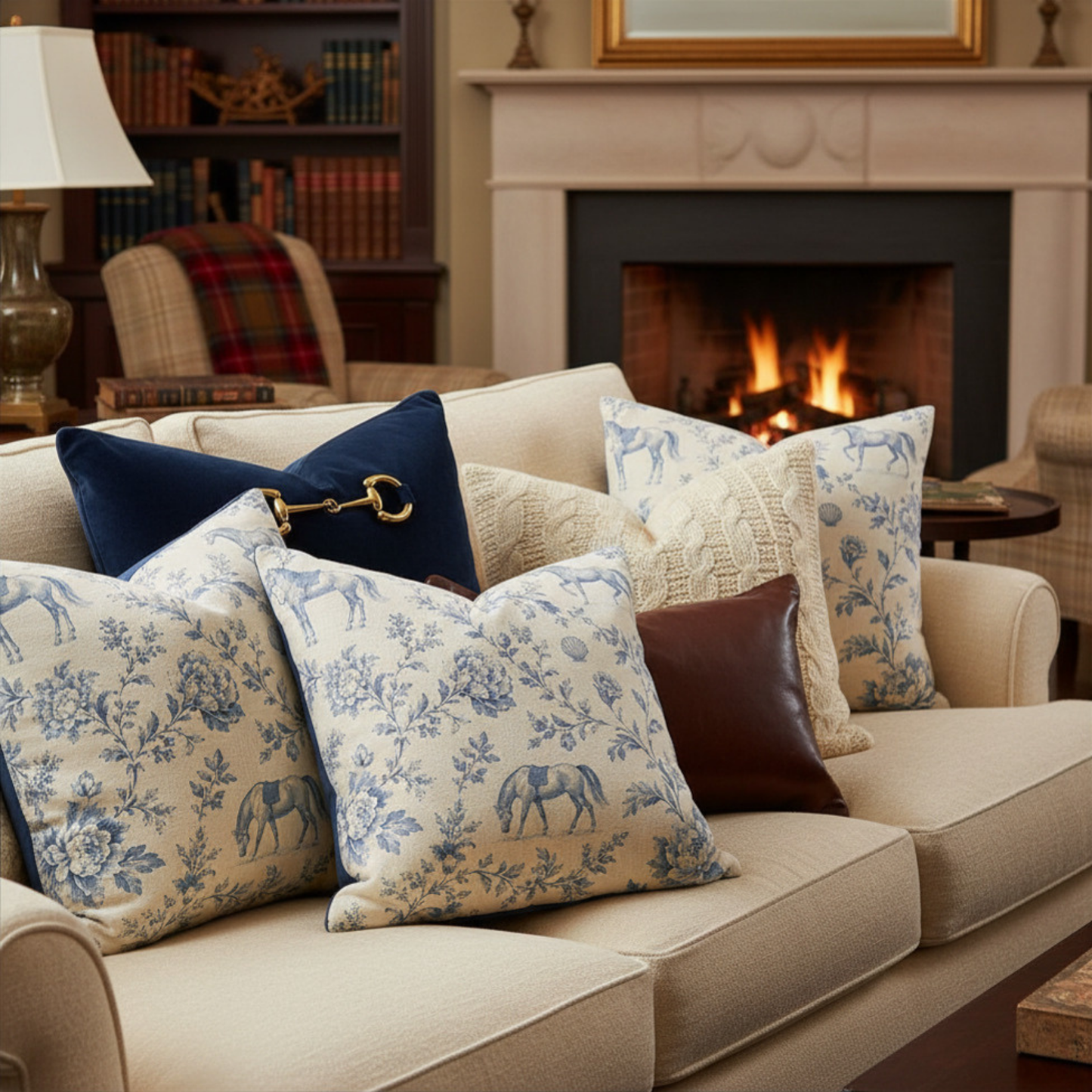 Coastal Manor Blue Toile Equestrian Pillow Cover