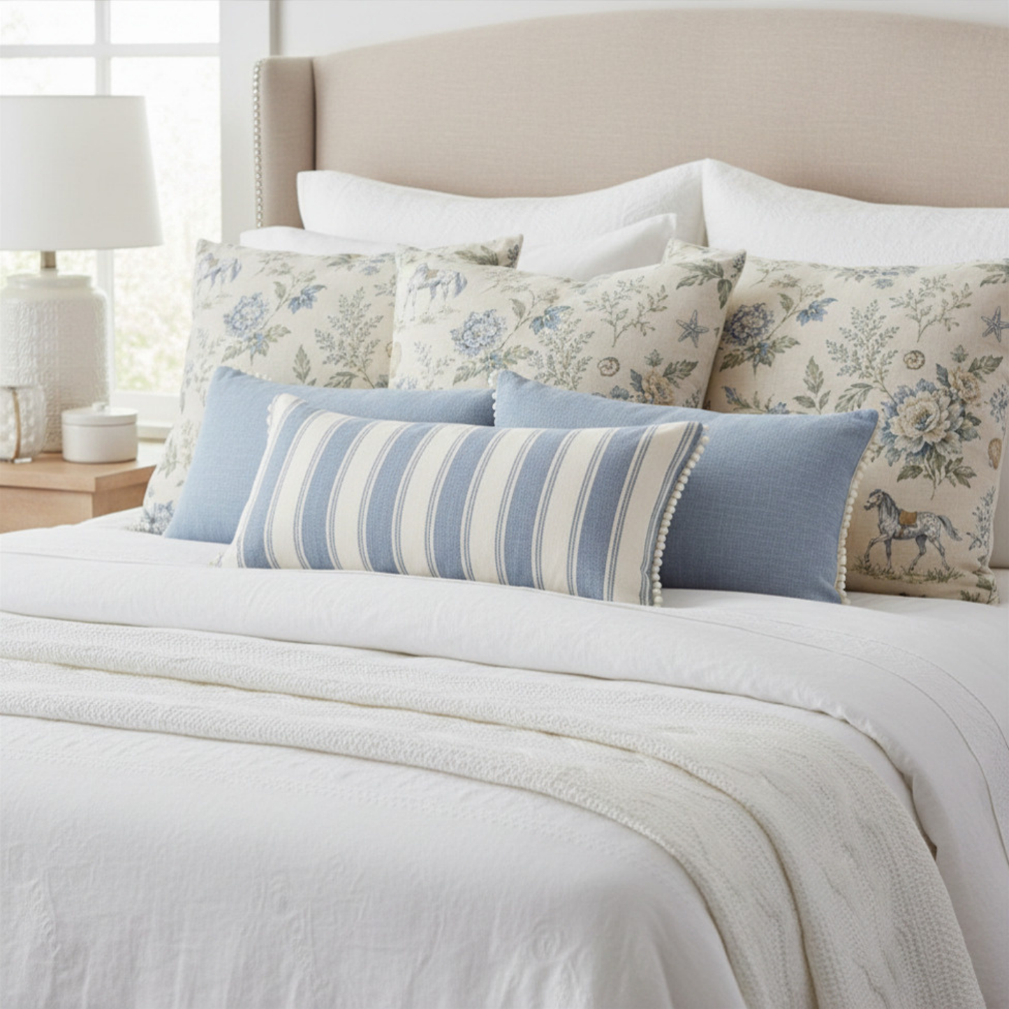 Blue & Sage Floral Coastal Equestrian Pillow Cover