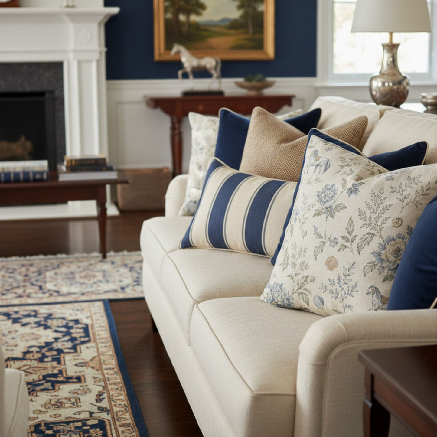 Blue & Sage Floral Coastal Equestrian Pillow Cover