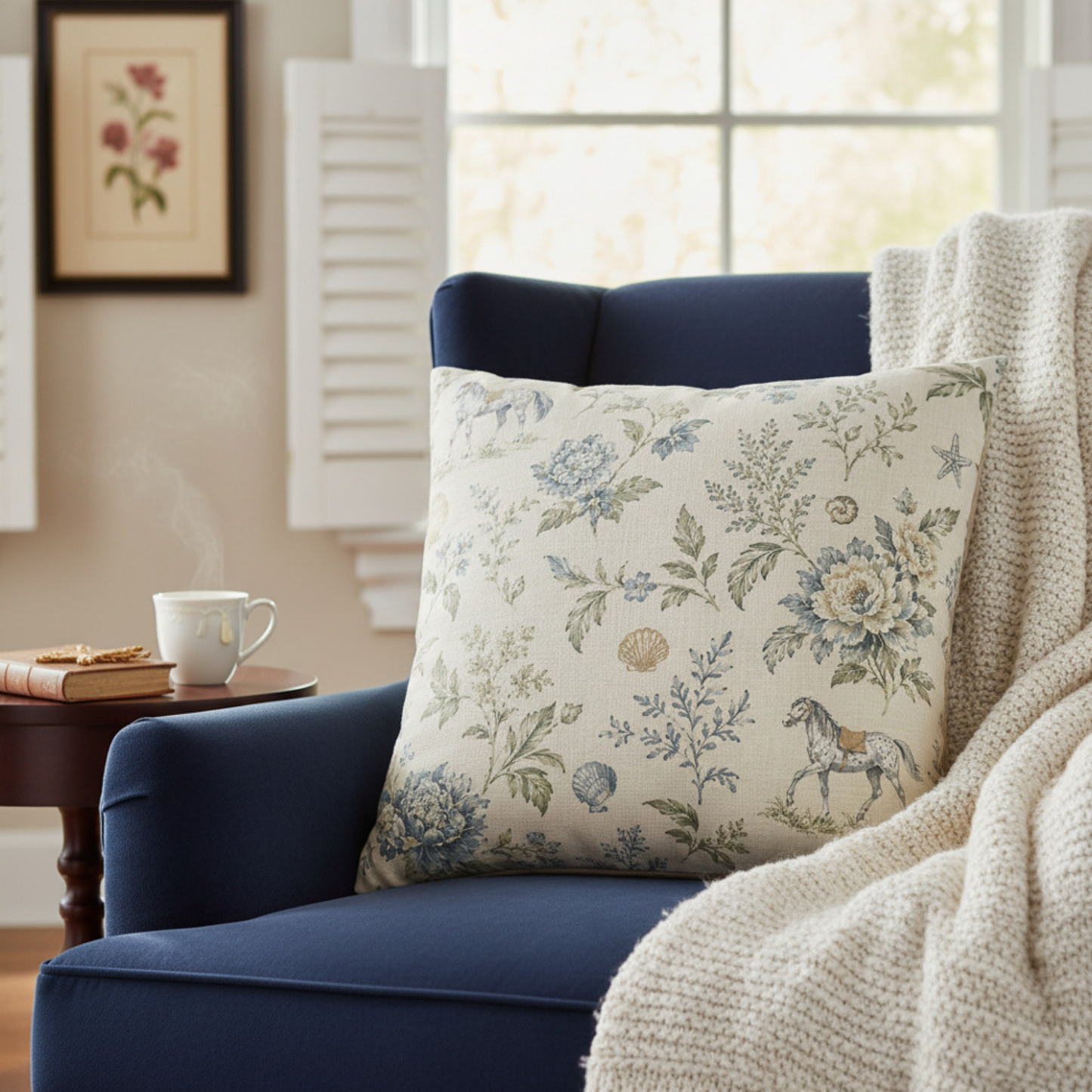 Blue & Sage Floral Coastal Equestrian Pillow Cover
