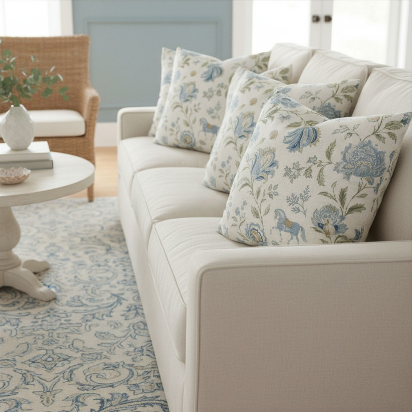 Blue & Sage Coastal Equestrian Toile Pillow Cover