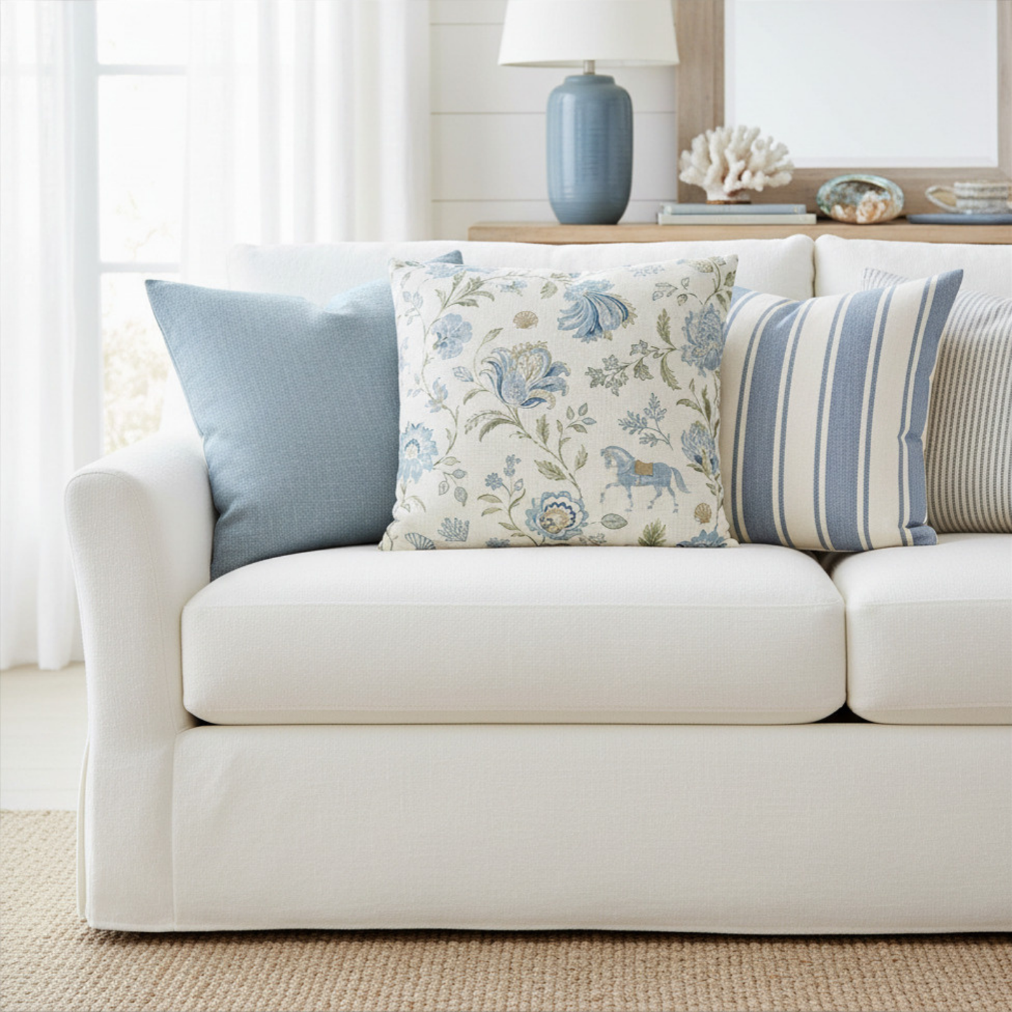 Blue & Sage Coastal Equestrian Toile Pillow Cover