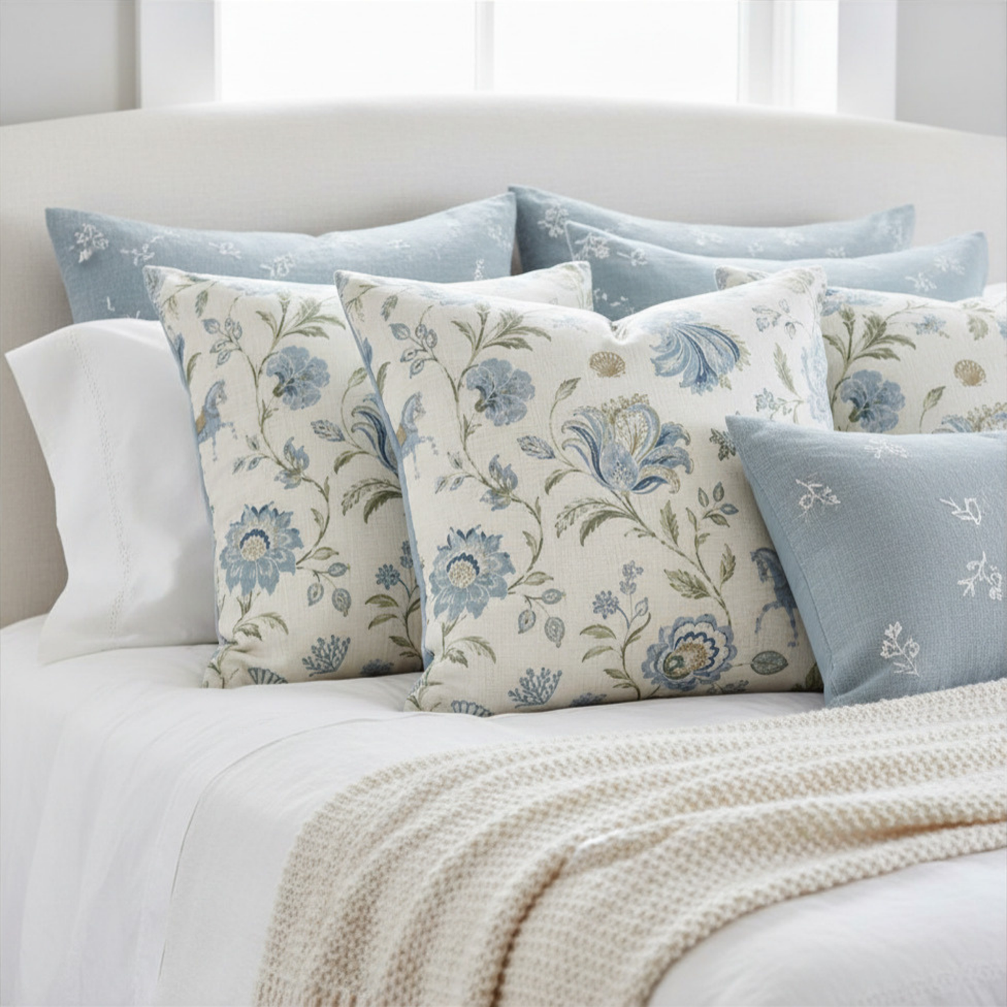 Blue & Sage Coastal Equestrian Toile Pillow Cover