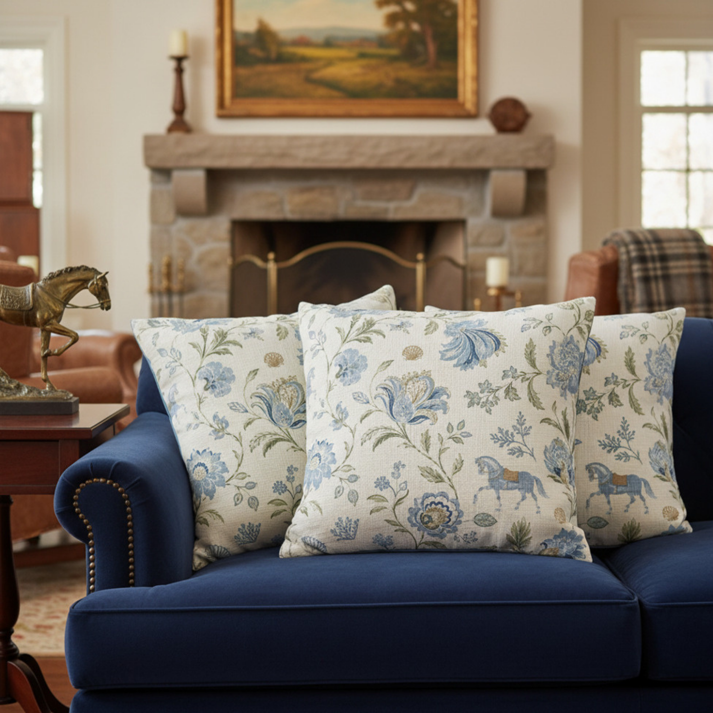 Blue & Sage Coastal Equestrian Toile Pillow Cover