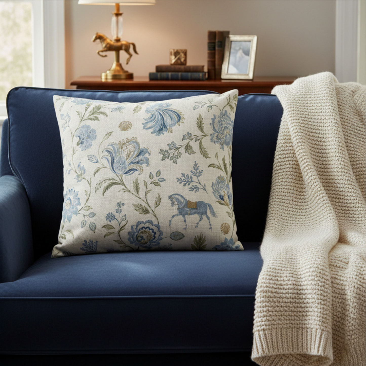 Blue & Sage Coastal Equestrian Toile Pillow Cover