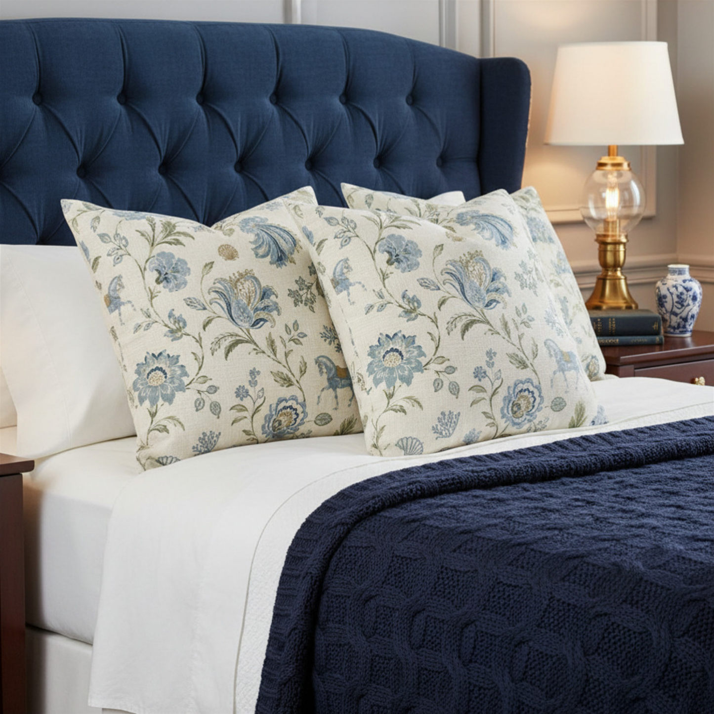 Blue & Sage Coastal Equestrian Toile Pillow Cover