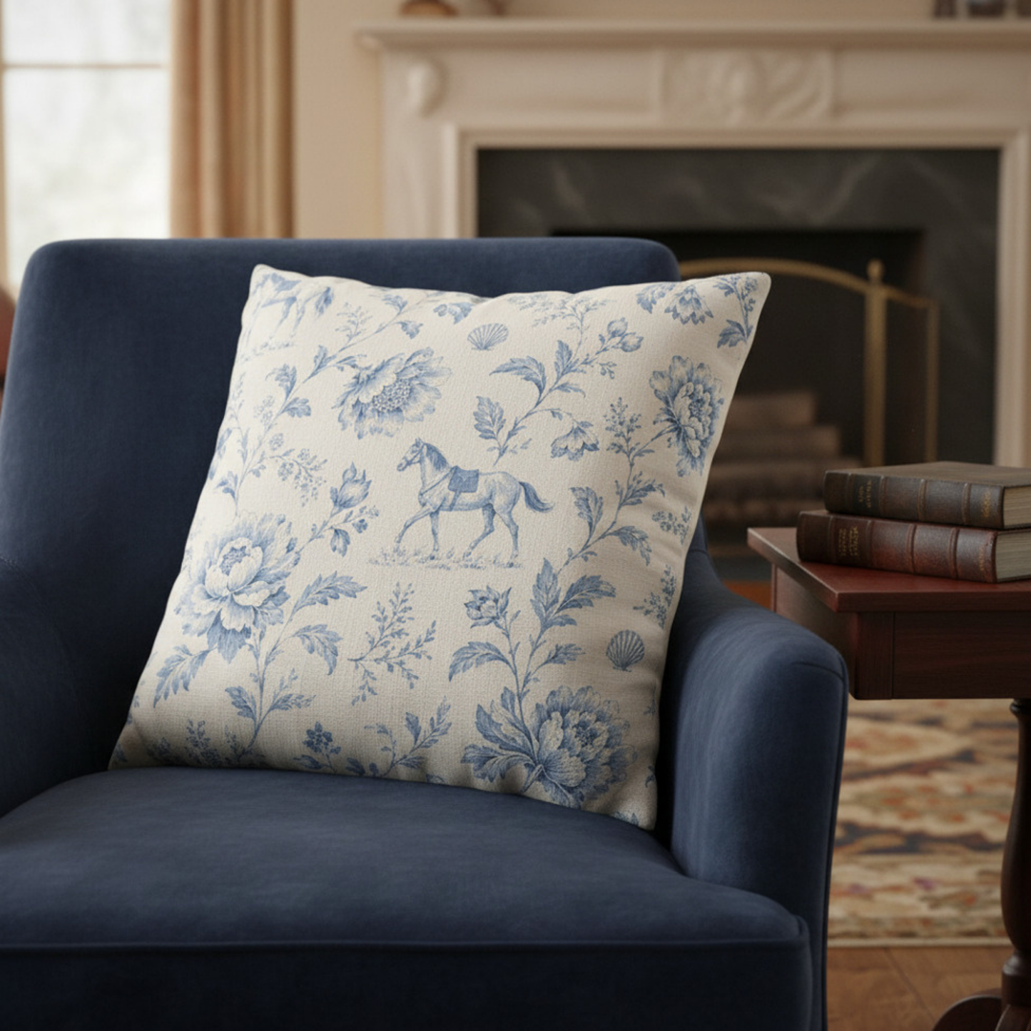 Coastal Equestrian Blue Toile Hamptons Horse & Floral Pillow Cover