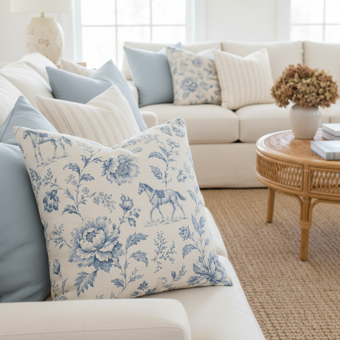 Coastal Equestrian Blue Toile Hamptons Horse & Floral Pillow Cover