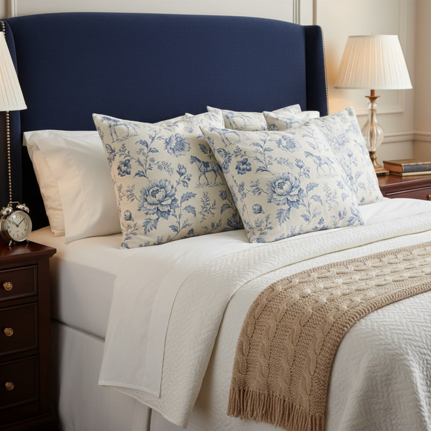 Coastal Equestrian Blue Toile Hamptons Horse & Floral Pillow Cover