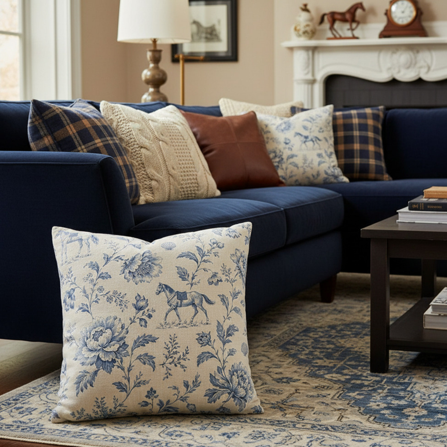 Coastal Equestrian Blue Toile Hamptons Horse & Floral Pillow Cover