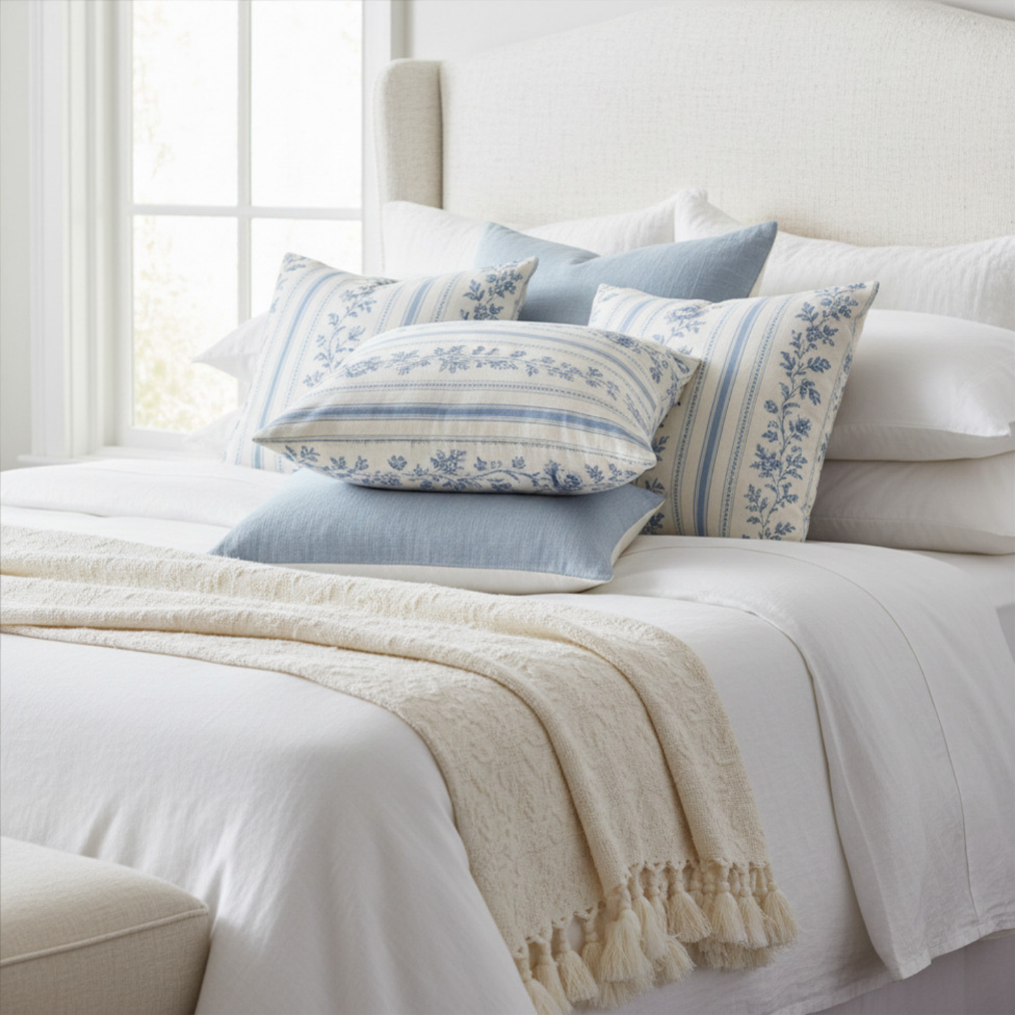 Coastal Equestrian Blue Toile Floral Stripe Pillow Cover